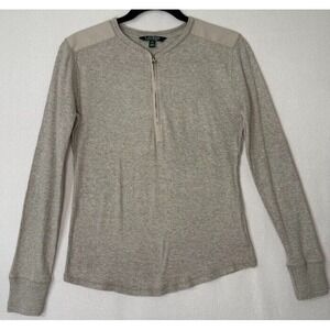 Ralph Lauren T-Shirt Women Size PM Gray Long  Sleeve Crew Neck  Pullover Top Zip